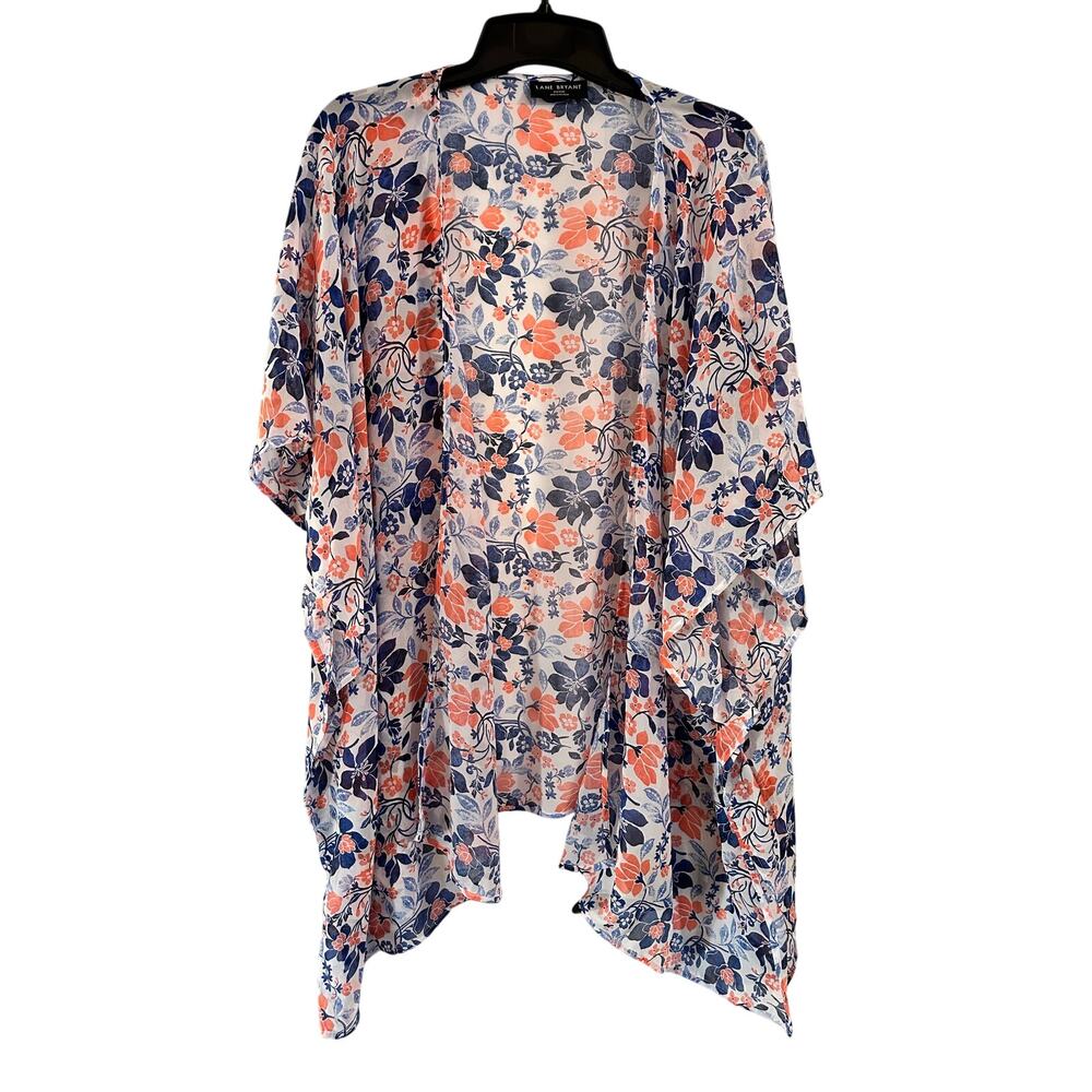 Lane Bryant White Blue Floral Chiffon Kimono Shawl Top Open Front Lightweight